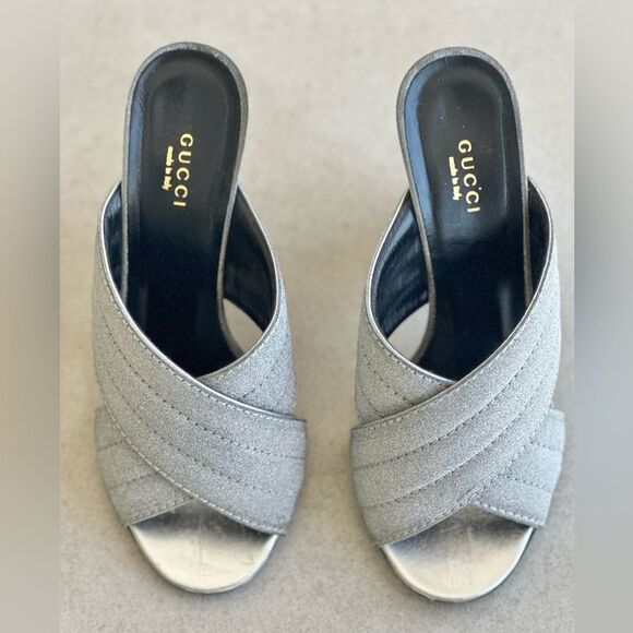 Gucci Webby Mules EU 38.5 US 8.5 Silver Glitter Block
Heel Criss Cross Sandals - Picture 2 of 10